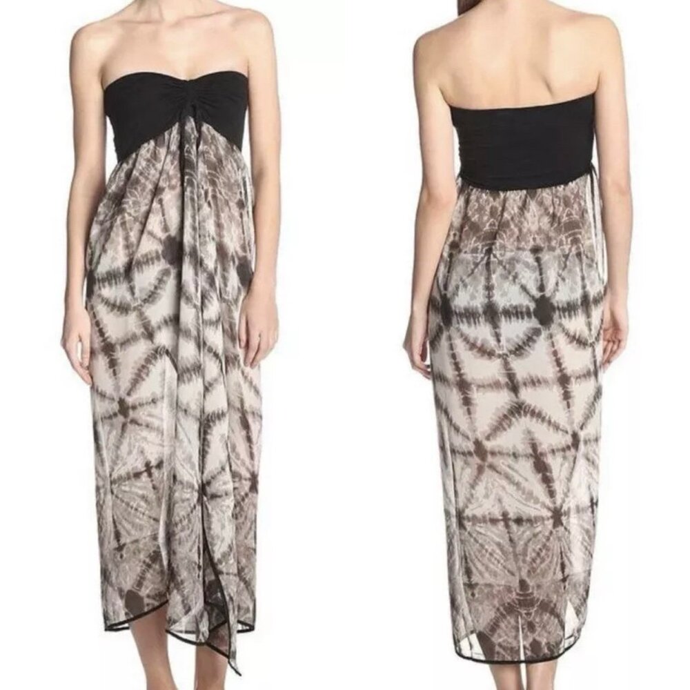 Raviya Swim Ruched Strapless‎ Cover Up Open Flyaway Dress Sheer Tie-Dyed Black